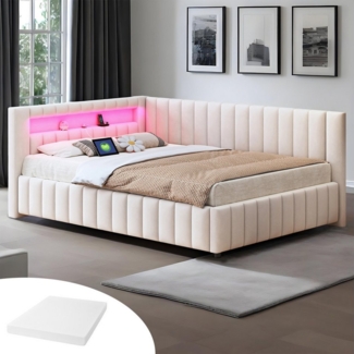 REDOM Schlafsofa Polsterbett,Funktionsbett,Jugendbett, 140x200 mit LED & USB, L-förmiges Design für Wohnzimmer & Schlafzimmer, Samtstoff mit stabilem Lattenrost & Kopfteil, Mit Matratze