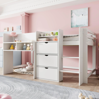 Hochbett mit Stauraum und Lattenrost, 90x200 cm, Kinderbett mit Rausfallschutz, Regal und Kommode, Kiefer