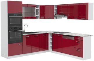 Eckküche R-Line Rot Hochglanz/Weiß 247 x 60 cm , AP Marmor Vicco