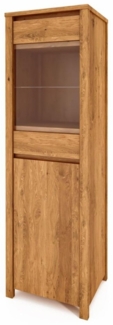 Vitrine Tinci aus Wildeiche massiv 55x45x180 mit 1 Glastür 1 Tür und Holzbeinen