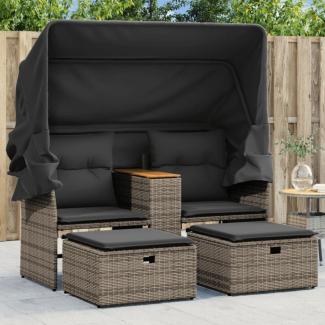 vidaXL Gartensofa 2-Sitzer mit Dach und Hockern Grau Poly Rattan 365801