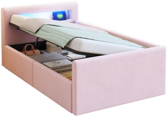 REDOM Polsterbett Funktionsbett Kinderbett (mit LED-Licht, USB-Ladeanschluss & Hydraulischem Stauraum, Samtstoff, Verstellbare Rückenlehnen, mit Regal und Nachtlicht, 90x200 cm), ohne Matratze