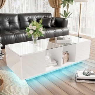 STILVORA Couchtisch weiß,120x50 cm Wohnzimmertisch mit LED-Beleuchtung,Hochglanzplatte (Satztisch, Wohnzimmertisch Beistelltisch, 1-St, mit LED-Beleuchtung, 2 offene Fächer, 2 Türen), Hochglanz-Tischplatte, Mattoberflächen und Glasplatte