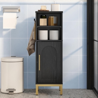 Badezimmerschrank, Schmaler Toilettenschrank mit Verstellbaren Einlegeböden, 26,2 x 26,4 x 80 cm, Badezimmer-Organizer mit Offenem Stauraum, Badschrank mit Haken, Schwarz