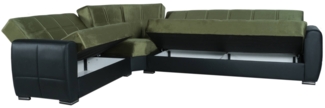 Dmora Gaillardia Schlafsofa mit Halbinsel, Ecksofa mit Container aus Ökoleder und Stoff, Sofa mit Klick-Klack-Öffnung, 305 x 238 x 91 cm, Schwarz und Grün