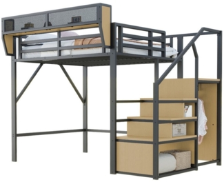 MODFU Hochbett Funktionsbett Kinderbett (140x200 mit Regal & sicherer Leiter, modernes Metallbett, für Studenten, Jugendliche & kleine Räume) ohne Matratze