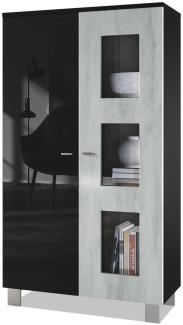 Vladon Vitrine Denjo, Standvitrine mit 2 Türen und 3 Glaseinsätzen, Schwarz matt/ Schwarz Hochglanz/ Beton Oxid-Optik (71 x 129 x 35 cm)