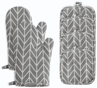 NUODWELL Topflappen 1 Paar Ofenhandschuhe mit 4 Stück Topflappen,Handschuhe Hitzebeständig, Waschbare Backofenhandschuhe bis 300°C zum Kochen,Grillen,Backen, Grau