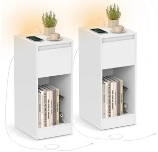 VASAGLE Nachttisch 2er Set, schmal, Beistelltisch, LED-Beleuchtung, 1 USB-A-Anschluss, 1 USB-C-Anschluss, Schublade, offenes Fach, für Schlafzimmer, Wohnzimmer, wolkenweiß LETDE710W01