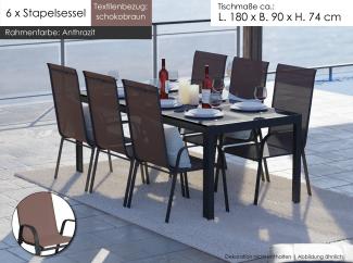 Gartenmöbel Set Alu Tisch 7-tlg. 6x Stapelsessel Essgruppe Gartenset schokobraun Sitzgruppe