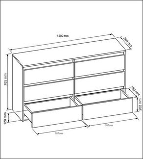 meble masztalerz Kommode Anthrazit/Lancelot mit 6 Schubladen 120 cm, Sideboard Wohnzimmer, Kommode Schlafzimmer H: 78,5cm, B: 120 cm, T: 39 cm, Kommode mit Schubladen, Schubladenschrank