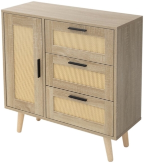 ML-DESIGN Kommode Sideboard Highboard Anrichte Standschrank Buffet Aufbewahrungsschrank, Eiche Optik Tür & 3 Schubladen 74 x 30 x 76 cm Rattan Massivholzfüßen