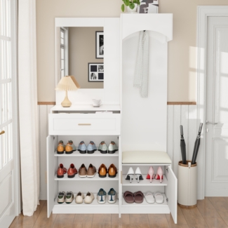 Merax Kompaktgarderoben, Garderobenschrank und Schuhschrankkombination, Eingangsschrank, multifunktionales Lagerregal mit Spiegel, Weiß