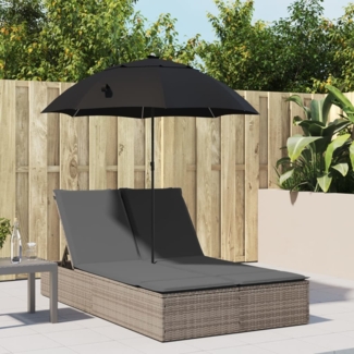 vidaXL Doppel-Sonnenliege mit Kissen & Sonnenschirm Grau Poly Rattan 368083