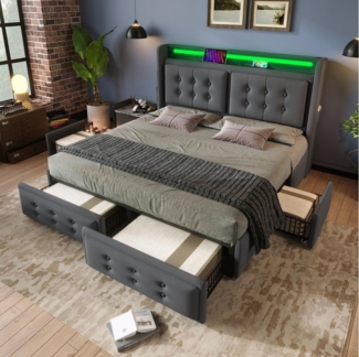 HAUSS SPOLE Polsterbett 180x200 cm mit Led-Kopfteil, Ladefunktion und 4 Schubladen, Grau (Stauraumbetten mit Lattenrost, 1-tlg, 180x200 cm, ohne Matratze), mit Led-Kopfteil und USB C Ladefunktion und 4 Schubladen