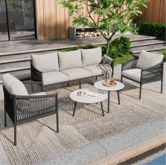 Flieks Gartenlounge-Set, 5-Sitzer Gartenmöbel-Set aus Seil mit Couchtisch aus marmoriertem Glas