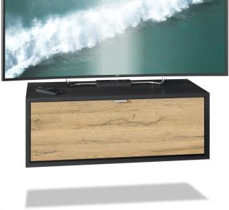 TV Board Lana 80 Hängeschrank Lowboard 80 x 29 x 37 cm, Korpus in Schwarz Matt, Fronten in Eiche Natur