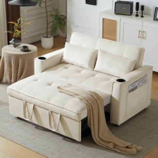 Merax Klappbares Schlafsofa, Multifunktionssofa mit Schlaffunktion, Schlafsofa mit Getränkehalter und Kissen, Beige