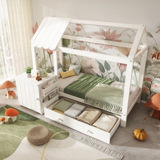 Merax Kinderbett Massivholzbett Hausbett 90x200cm mit Schublade, beweglichem Nachttisch, Weiß
