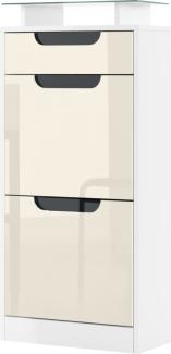 Schuhschrank Schuhkipper Fiesta V2, Korpus in Weiß matt / Front in Creme Hochglanz mit Absetzungen in Schwarz Hochglanz