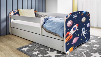 Bjird Kinderbett Jugenbett Weiß 140x70 160x80 180x80 (Einzelbett optional mit Matratze), inklusive Schublade und verstellbaren Rausfallschutz