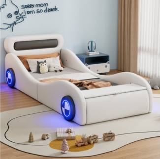 Merax Autobett 90x200cm mit LED Rädern (1-tlg), Polsterbett Kinderbett Jugendbett Einzelbett mit Stauraum, Kunstleder
