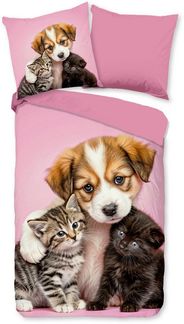 PURE luxury collection Kinderbettwäsche Amis, Microfaser, 2 teilig, Mikrofaser, 135x200, 2 Teilig, Wendeoptik, Mädchen, Hund, Katze