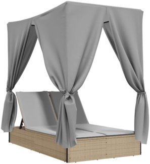 vidaXL Doppel-Sonnenliege mit Dach und Vorhängen Beige Poly Rattan 368075
