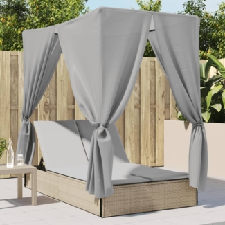 vidaXL Doppel-Sonnenliege mit Dach und Vorhängen Beige Poly Rattan 368075