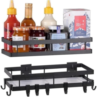 YunNasi Gewürzregal Schwarz Metall 2 Etagen 8 Haken Wandregal 30cm