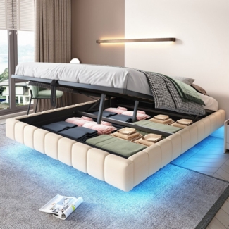 HAUSS SPOLE Polsterbett 160x200 cm, Hydraulischer Schwebebett mit LED-Licht, Leinen Beige (mit Stauraum und LED-Beleuchtung – Multifunktionales Design ohne Kopfteil, Luftdruck-Lagersystem, Robuster Metallrahmen für 250 kg Belastbarkeit, Perfekt für Sch...