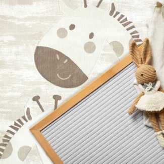 Teppich Kinderzimmer Rund - 120x120cm - Pastell Beige Creme - Kurzflor Spielteppich mit niedlichen Giraffen Motiv