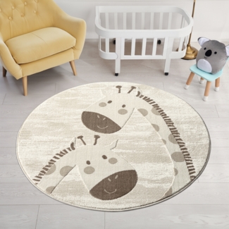 Teppich Kinderzimmer Rund - 120x120cm - Pastell Beige Creme - Kurzflor Spielteppich mit niedlichen Giraffen Motiv