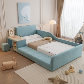 REDOM Polsterbett Kinderbett mit Schreibtisch und Hocker (90x200 cm Samt, Weiches Kopfteil, Robuste Holzlatten, Inklusive Ablageboden, Ideal für Schlafzimmer & Jugendzimmer), ohne Matratze