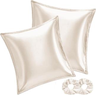 2er Set Satin Kissenbezug 60x60 Beige Haargummis Reißverschluss