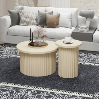 HAUSS SPOLE Couchtisch Rund 2er-Set Wohnzimmertisch holz,Beistelltisch mit Stauraum,hozfarbe (Runder Beistelltisch im 2er-Set – Naturholzoptik mit Wellenstruktur, Klappdeckel & Stauraum, 2-St, Kratzfest & Stabil)