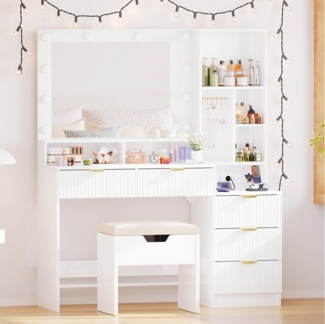 HOMALL Schminktisch Vertikale Streifen mit 5 Schubladen und 7 offenen Fächern (Mit 2 Euro-Steckdosen + 1 USB-Anschluss + 1 Typ-C-Anschluss)