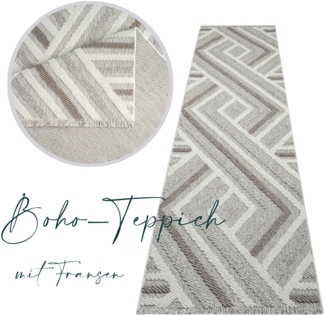 Teppich Läufer - 80x150cm - Beige Braun Grau - Boho-Style - Modern Geo Muster - Flachflor Wohnteppich Schlafzimmer Deko