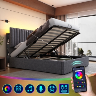 Polsterbett Stauraum Doppelbett LED App-Control, Bett mit aufladen USB Type C Ladefunktion, Stauraum & Verstellbares Kopfteil, Lattenrost aus Holz, Grau, 140 x 200 cm (Ohne Matratze)
