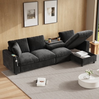 Merax Ecksofa Stoffsofa, L-förmige Ecke und 2 Armlehnen mit Stauraum. Ausklappbarer Couchtisch mit zwei Getränkehaltern, 1 USB und 1 Typ-C, Chenille, grau