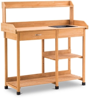 MCombo Pflanztisch Gärtnertisch Blumentisch 0458, mit Waschbecken Schublade und Ablagefläche Wetterfest, Holz, Natur, 115 x 45 x 121 cm