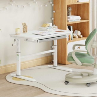 HOKO Kinderschreibtisch Ergo Jugend Schreibtisch höhenverstellbar 54-76 cm, 100x60 cm (ergonomischer Computertisch mit neigbarer Tischplatte (0-50) & Schublade, stabil & belastbar bis 100 kg, Weiß, Holzfarben)