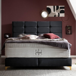 BettCo Boxspringbett Kansas (180x200 cm, in Schwarz Samt), Kachel-Design, Topper optional, Füße Gold-Optik