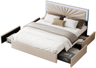 FUROKOY Polsterbett Doppelbett Stauraumbett LED-Beleuchtung 4 Schubladen Leinenmaterial, 160x200 cm,Gepolstert,Schubladen mit Rädern,Beige,Weich und bequem