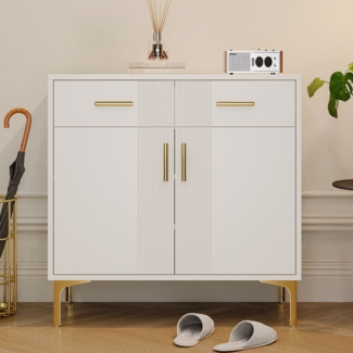 Merax Sideboard-Kommode mit 2 Türen und 2 Schubladen – Aufbewahrungsschrank mit Metallgriffen und Metallfüßen, weiß