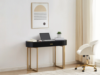 Vente-unique - Konsolenschreibtisch mit 1 Schublade - MDF lackiert & Metall - Schwarz & Goldfarben - TORELI von Pascal Morabito