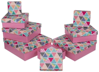 Out of the Blue Stapelbox Geschenkkarton Set mit 8 verschiedenen Größen in Rosa mit Dreiecken, mit abnehmbaren Deckel