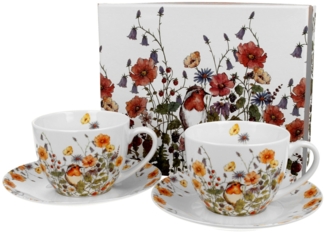 DUO FLORAL 2er-Set Tassen 280 ml WILD BIRD mit Untertassen, New Bone China Porzellan