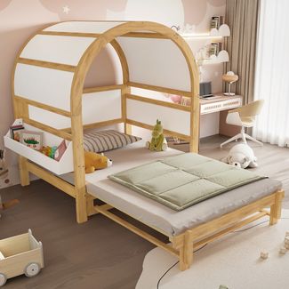 Gewölbedachbett Erweiterbar Mit Ausziehbett Funktion Holzhaus Design Kiefer MDF Weiß/Natur