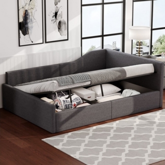 HAUSS SPOLE Daybett 140x200 cm Schlafsofa mit Hydraulischer Stauraum, Leinen Grau (Gepolstertes 140x200 Tagesbett mit Stauraum – Modernes Design aus Leinen mit Rückenlehne & Armlehnen)